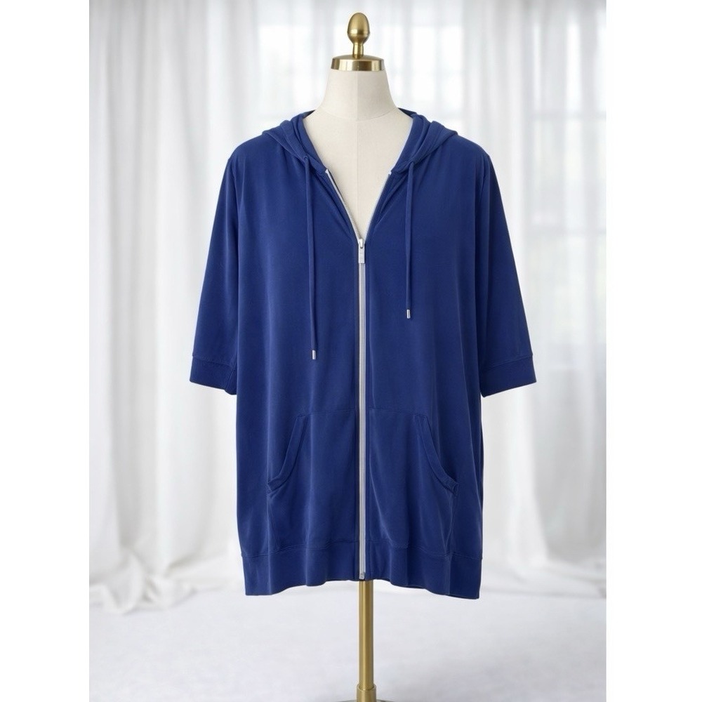 Chico's Zenergy Lightweight Jacket Hood Modal Size 2 US Large Blue Silver Zip‎